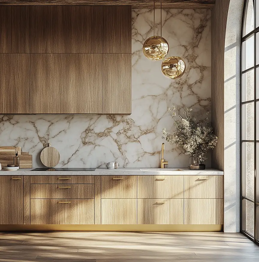 A neutral color kitchen with high cabinets to the ceiling.